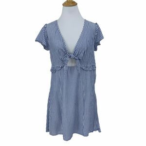 Lulus Front Tie Dress Women's Size M Blue White Stripe Ruffled Trim Cap Sleeves